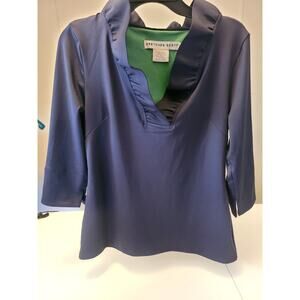 Gretchen Scott Women's Small Ruffle Neck 3/4 Sleeve Stretchy Top Navy Casual